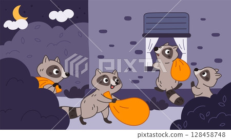 Cartoon racoon thieves. Little funny animals with bags of loot, cute night characters climbing out of window of house, criminal burglar mammal, wildlife beast pets garish vector concept 128458748