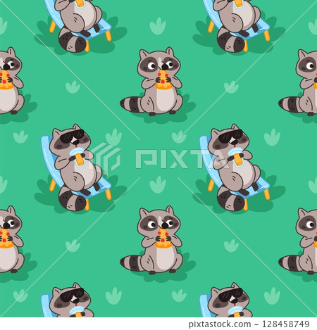 Cartoon racoons seamless pattern. Cute little animals relaxing in nature, eat and drink, repeated funny mascot textile, wrapping paper, wallpaper. Print for fabric. garish vector background 128458749