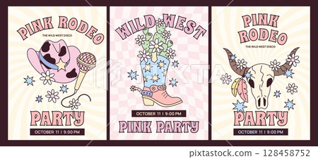 Cowgirl party cards. Wild west girly coquette elements, disco country party cute aesthetic, vintage preppy, glamour rodeo hat boots and cow scull, posters or prints garish vector set 128458752