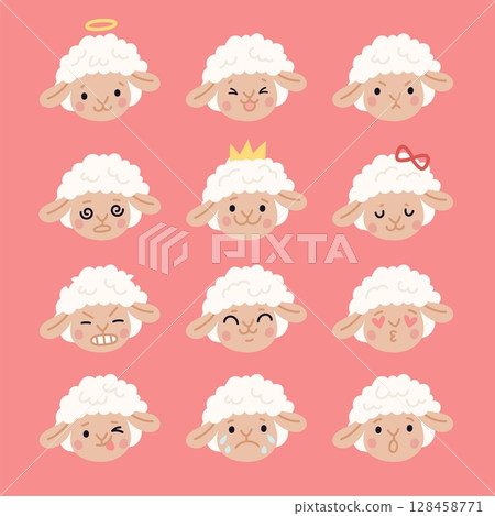 Cute sheeps emoji. Funny curly lamb heads, different emotions, fluffy farm animal character, negative and positive mood, happy, angry and crying, cartoon flat isolated garish vector set Cute sheeps emoji. Funny curly lamb heads, different emotions, fluffy farm animal character, negative and positive mood, happy, angry and crying, cartoon flat isolated garish vector set 128458771