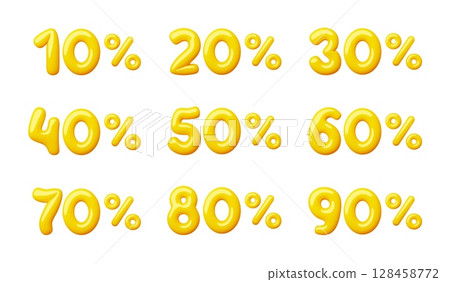 Discount compositions with 3d numbers. Plump voluminous shapes, glossy yellow promo symbols, sale percents and figures, balloon render discount icons, 10-90 special offer classy vector set 128458772