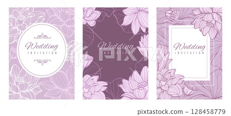 Event invitations with fine lotus. Hand drawn linear flowers, luxury floral wedding templates, gentle botanical cards, pink line lily, spring summer bouquet background splendid vector set 128458779