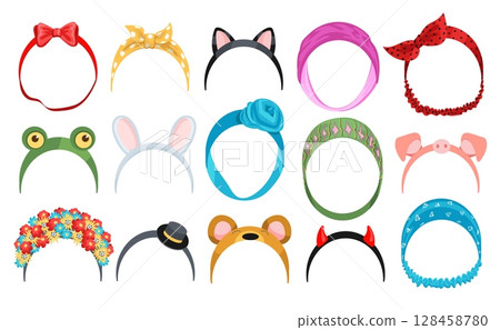 Female headband ribbon. Girly trendy hair accessories, lady fashion decorative elements, women patterned scrunchies, funny animal ears, flowers and bows isolated splendid vector flat set Female headband ribbon. Girly trendy hair accessories, lady fashion decorative elements, women patterned scrunchies, funny animal ears, flowers and bows isolated splendid vector flat set 128458780