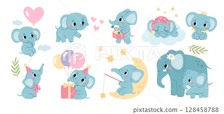 Little cute elephant character. Baby animals, big african safari mammal, nursery room funny mascot, different actions and poses, adorable baby and mother, garish vector cartoon isolated set 128458788