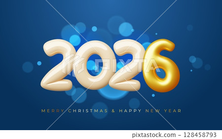 New year greeting card. Cartoon 3d numbers, 2026 holiday congratulations, plump voluminous shapes, counting figures, Christmas banner design, xmas invitation poster classy vector concept 128458793