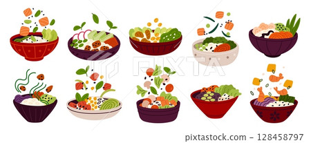 Poke bowls. Combined products, balanced nutrition, mixed healthy food, fresh vegetables, rice, salmon, fish and meat pieces on plate , hawaiian menu, garish vector cartoon isolated set Poke bowls. Combined products, balanced nutrition, mixed healthy food, fresh vegetables, rice, salmon, fish and meat pieces on plate , hawaiian menu, garish vector cartoon isolated set 128458797