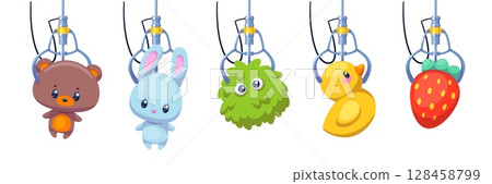 Retro toy grabber machine. Cartoon crane arms with plush cute animals, funny kids game, mechanical vending automate with claw, amusement park, manipulator isolated elements, classy vector set 128458799