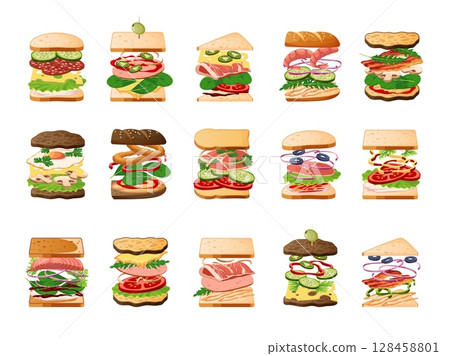 Sandwich ingredients. Multi layered snacks, sliced bread with fresh vegetables, meat, sausage, cheese and greenery, fast food restaurant menu, cartoon flat style isolated tidy vector set 128458801