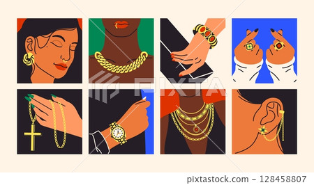 Body parts with jewelry. Wearing precious accessories, piercing, golden rings on fingers, gems, expensive watches and bracelets on hands, chains on neck, cards design, tidy vector set Body parts with jewelry. Wearing precious accessories, piercing, golden rings on fingers, gems, expensive watches and bracelets on hands, chains on neck, cards design, tidy vector set 128458807