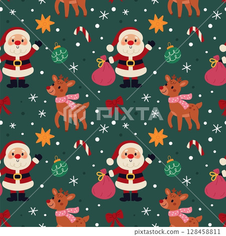 Christmas deer seamless pattern. Repeated holiday objects, funny santa characters with gift, animals with scarf, textile, wrapping paper, wallpaper. Print for fabric garish vector background Christmas deer seamless pattern. Repeated holiday objects, funny santa characters with gift, animals with scarf, textile, wrapping paper, wallpaper. Print for fabric garish vector background 128458811