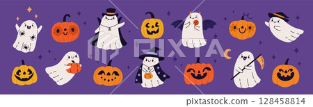 Cute pumpkins and ghosts characters. Funny halloween personages, white smiling spirits, spooky party, faces carving, autumn creepy mascot garish vector cartoon flat style isolated set Cute pumpkins and ghosts characters. Funny halloween personages, white smiling spirits, spooky party, faces carving, autumn creepy mascot garish vector cartoon flat style isolated set 128458814