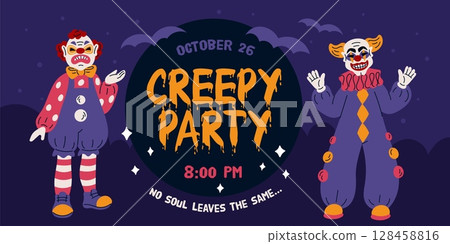 Evil clown poster. Circus creepy characters, spooky halloween party invitation, horror event with scary makeup, artists standing in party costumes garish vector cartoon flat concept 128458816