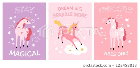 Funny unicorn birthday cards. Delicate colors, cartoon horses with horns, girly pink cute design, cute fantasy animals, childish creature posters and decorative prints, garish vector set Funny unicorn birthday cards. Delicate colors, cartoon horses with horns, girly pink cute design, cute fantasy animals, childish creature posters and decorative prints, garish vector set 128458818