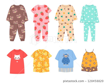 Kids pajamas. Cute childish sleepwear, funny color patterns, trendy night apparel, cozy home, bedtime clothes, boys and girls, t-shirts, pants and shorts cartoon isolated classy vector set Kids pajamas. Cute childish sleepwear, funny color patterns, trendy night apparel, cozy home, bedtime clothes, boys and girls, t-shirts, pants and shorts cartoon isolated classy vector set 128458820