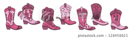 Pink cowgirl boots. Vintage west and texas footwear, girly glamour shoes, retro country accessories, fashion disco art prints, rodeo costume garish vector cartoon flat style isolated set Pink cowgirl boots. Vintage west and texas footwear, girly glamour shoes, retro country accessories, fashion disco art prints, rodeo costume garish vector cartoon flat style isolated set 128458821