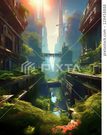 A dilapidated streetscape overgrown with vegetation 128458888