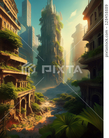 A dilapidated streetscape overgrown with vegetation 128458889