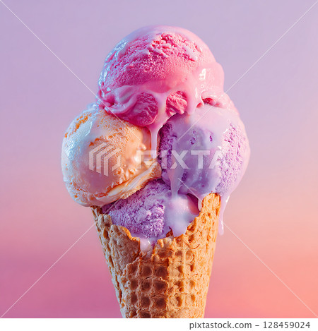 Colorful triple ice cream on a pink background Colorful triple ice cream on a pink background 128459024