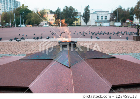Eternal flame at the memorial with burning flame against the background of the city square. Pigeons sitting on the paving stones in the park. 128459118