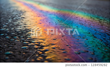 Colorful prismatic reflection on wet pavement after rain during sunset 128459282