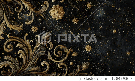 Gold embroidery on a black background 128459369