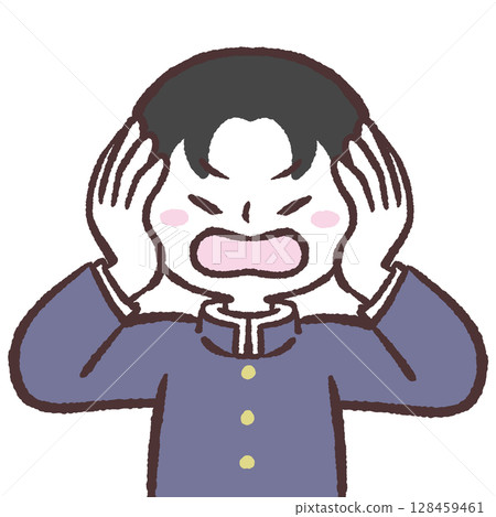 Illustration of a boy in a school uniform covering his ears 128459461