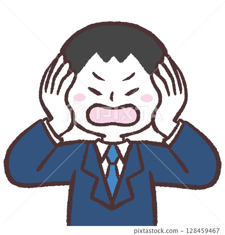 Illustration of a man in a suit covering his ears Illustration of a man in a suit covering his ears 128459467