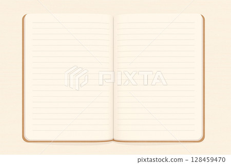 Hand-drawn illustration of an open notebook on a natural desk (copy space) 128459470