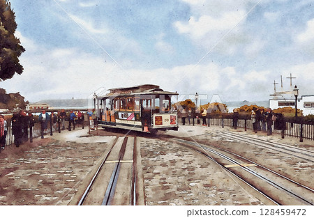 舊金山鮑威爾-海德線纜車線路終點的景色（由原始圖像 AI 生成） 128459472