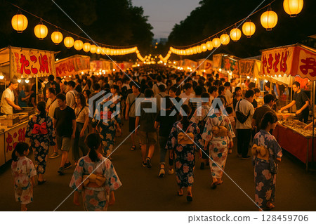 People in yukata enjoying the summer festival and food stalls at night 128459706