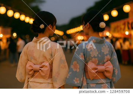 People in yukata enjoying the summer festival and food stalls at night 128459708