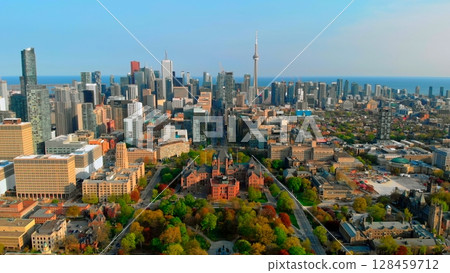 Urban toronto skyline featuring university campus and iconic cn tower rising against blue sky, overlooking lake ontario on bright sunny day with vibrant metropolitan landscape. Urban concept Canada 128459712