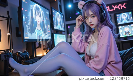 一位女性網紅正在做現場評論 128459715
