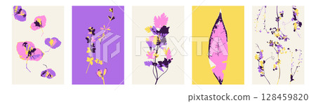 Set of 5 abstract minimalist floral cards with herbs. Collection of vertical backgrounds with modern whimsical botanical designs. Set of 5 abstract minimalist floral cards with herbs. Collection of vertical backgrounds with modern whimsical botanical designs. 128459820