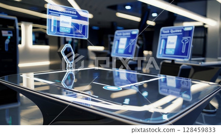 Holographic projections float above a sleek, interactive touchscreen table in a contemporary office environment, showcasing innovative technology and modern design 128459833