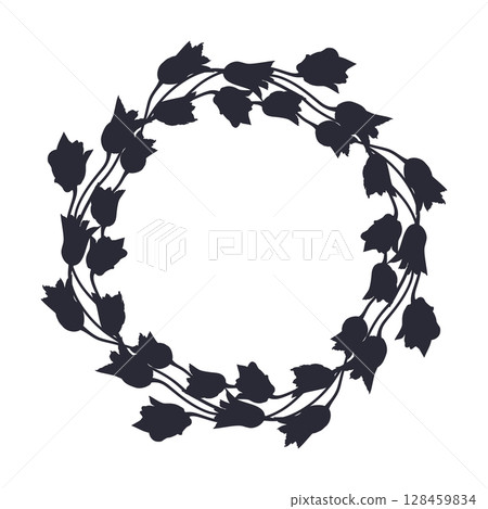 Black silhouette tulip flowers wreath isolated on white background 128459834