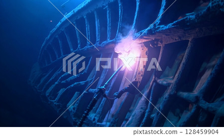 Divers perform underwater welding operations, repairing a damaged section of a sunken ship's hull, utilizing specialized equipment in the deep sea 128459904