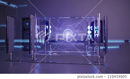 Complex energy patterns and data streams pulsate within a futuristic glass display, illuminated by dynamic lighting effects in a sleek, technological environment 128459905
