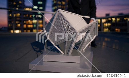 Architect is presenting a futuristic, transforming, deployable, modular house, unfolding from a compact form to a larger structure, on a rooftop at sunset 128459941