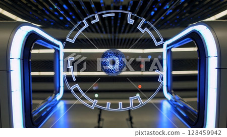 Futuristic gate with a rotating core and glowing lights opens and closes repeatedly, creating a seamless loop perfect for technology, innovation, and future themed projects 128459942