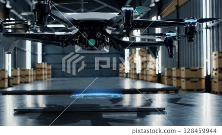 Futuristic unmanned aerial vehicle with glowing green lights hovers above wireless charging pad in spacious industrial storage facility with cardboard boxes 128459944