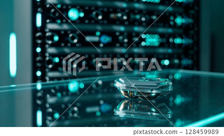 Professional engineer wearing white lab coat working with advanced holographic interface on glass table inside high tech server room. Exploring futuristic digital technology and network connectivity 128459989