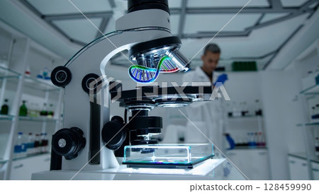 Colorful dna double helix rotating under microscope lens while scientific professional working in pristine laboratory environment, investigating genetic research with advanced medical technology Colorful dna double helix rotating under microscope lens while scientific professional working in pristine laboratory environment, investigating genetic research with advanced medical technology 128459990
