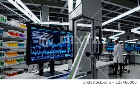 Laboratory technician examines innovative transparent circuit board, showcasing intricate design and potential applications in cutting edge technology research 128460006