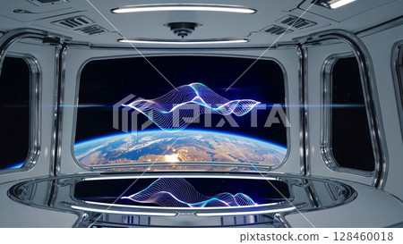 Vibrant energy waves dynamically transforming across spaceship control room window, revealing planet earth within expansive cosmic background of interstellar exploration 128460018