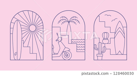 Minimal line surf club, camp icons, badges. Cute landscape with vector surfboard, bike, palm, arch, stairs for t shirt, merch designs. Minimal line surf club, camp icons, badges. Cute landscape with vector surfboard, bike, palm, arch, stairs for t shirt, merch designs. 128460030