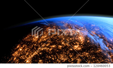 Earth rotates slowly, revealing the north american continent at night, illuminated by countless city lights, creating a breathtaking cosmic spectacle 128460053