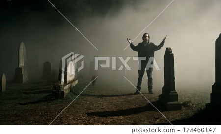 Solitary male figure standing with outstretched arms amid foggy cemetery, embodying haunting grief and supernatural contemplation during nocturnal hours 128460147