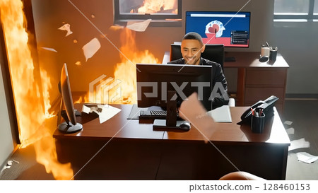 Burnout at work. Intense office fire raging around focused businessman, continuing work at computer while papers fly chaotically, seemingly unaware of surrounding destruction and imminent danger 128460153