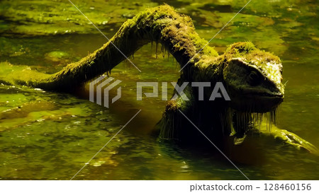 Green skinned mythical creature surfacing slowly from murky wetland waters, revealing elongated neck and mossy textured body with eerie, otherworldly presence 128460156